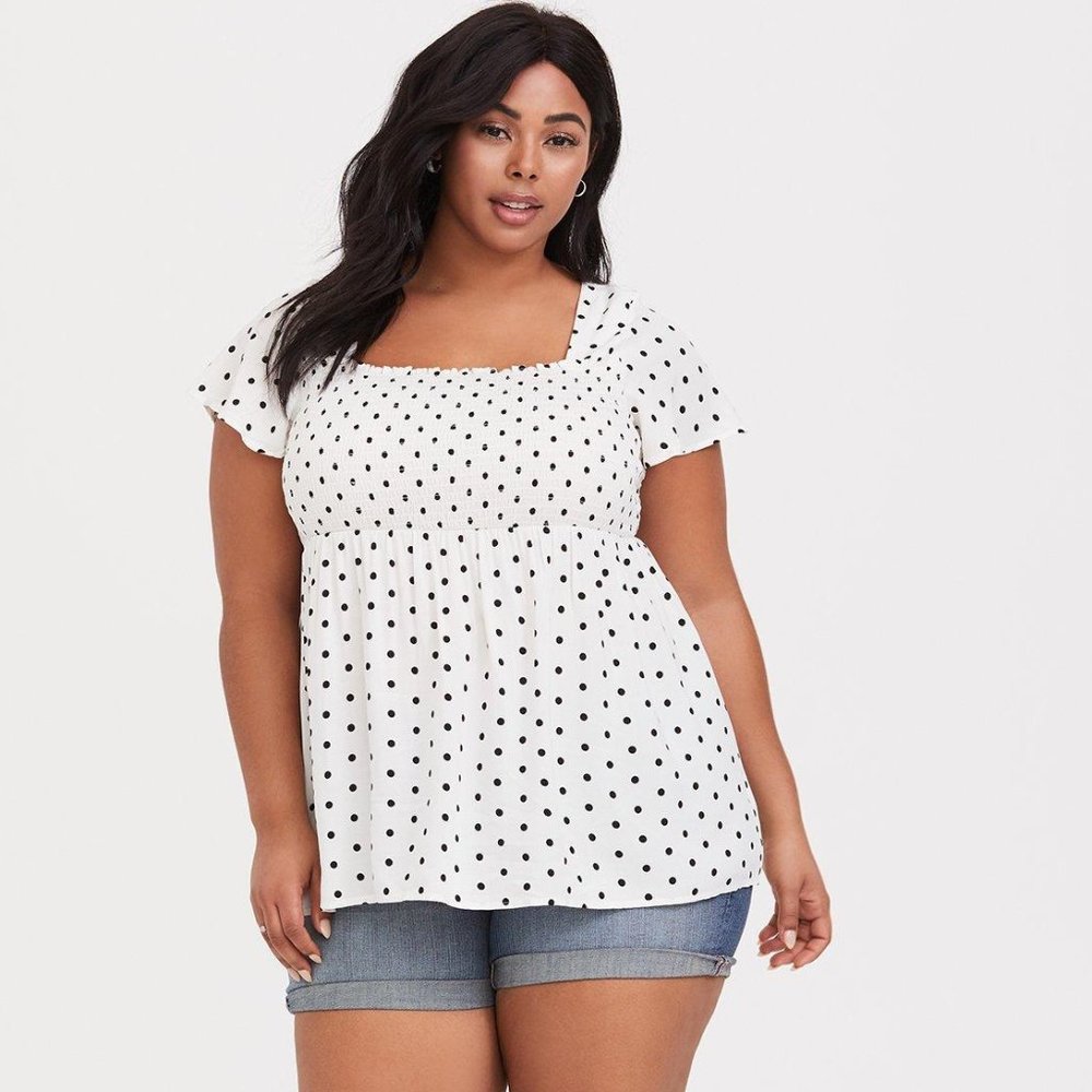 White Polka Dot Challis Smocked Top